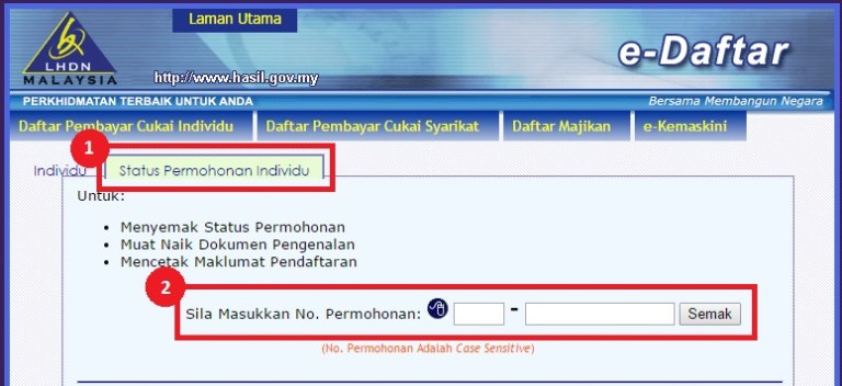 status permohonan e-filing